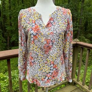 Loft Floral Split Neck Blouse Ruffle Hem Long Sleeve Small Petite Multicolor